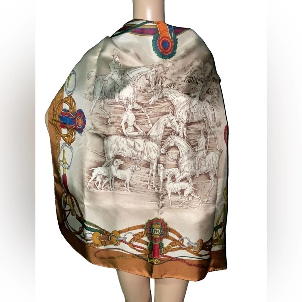 Gucci Vintage 100% Silk Scarf Horses Red Logo Gucci Trophy.  (33"x34")
